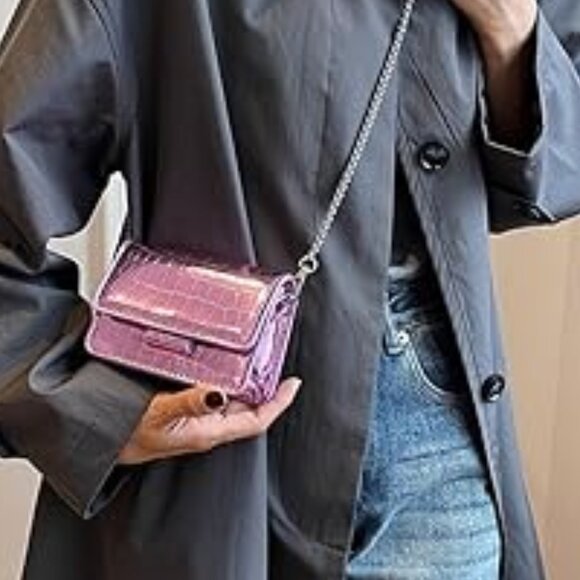 Neiman Marcus Pink Croco Leather Design Mini Crossbody Bag - Picture 2 of 4